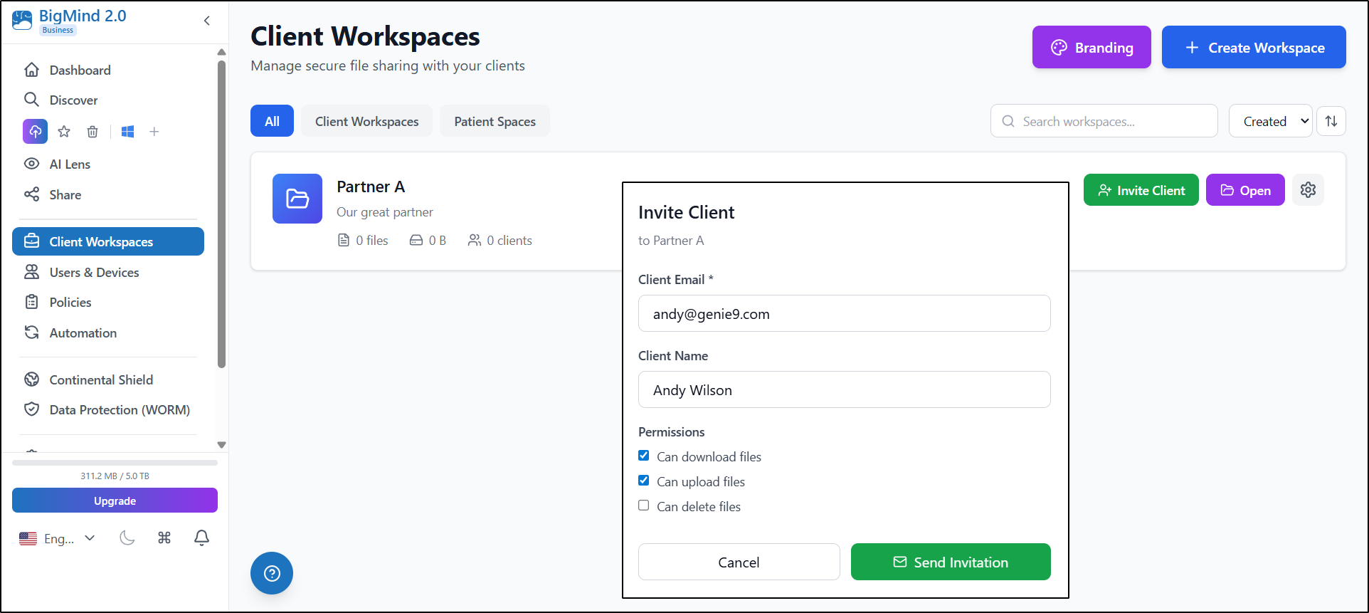 Client Workspaces page - Invite Client dialog