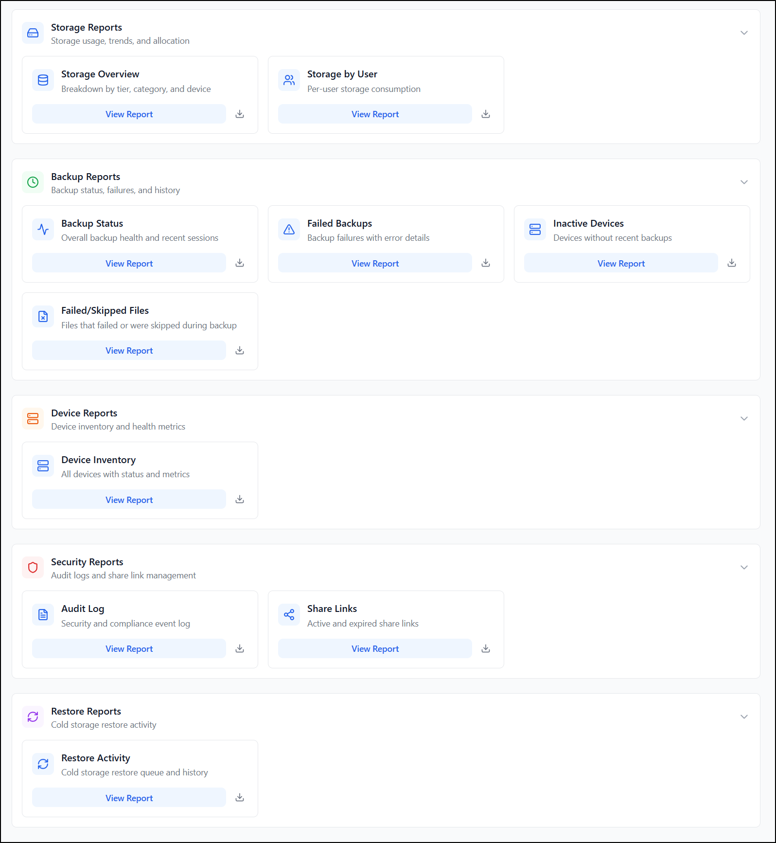 Reports page - Available Reports