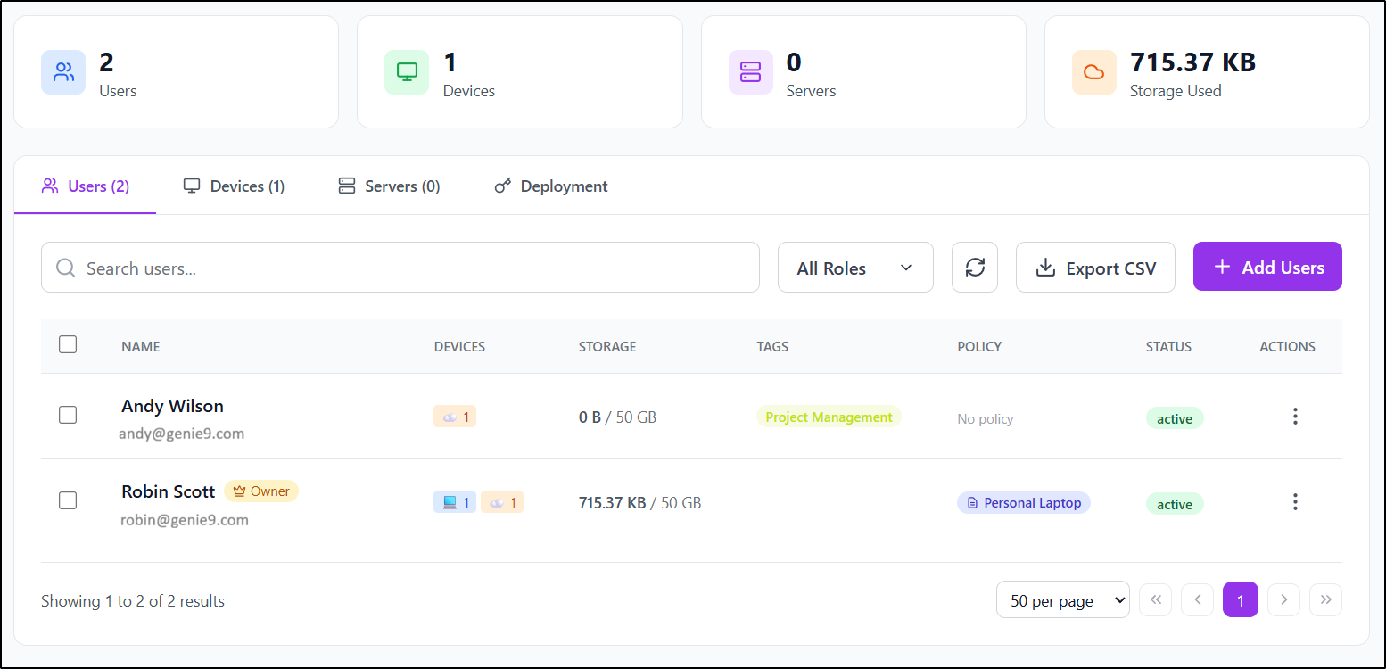 Users and Devices page - Users list